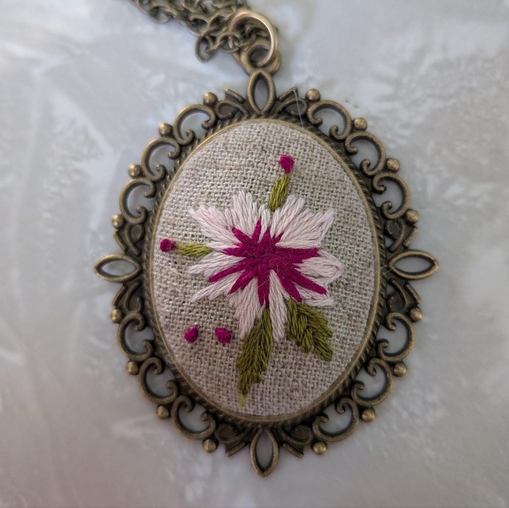 Hand Embroidered Flower Pendant Necklace
